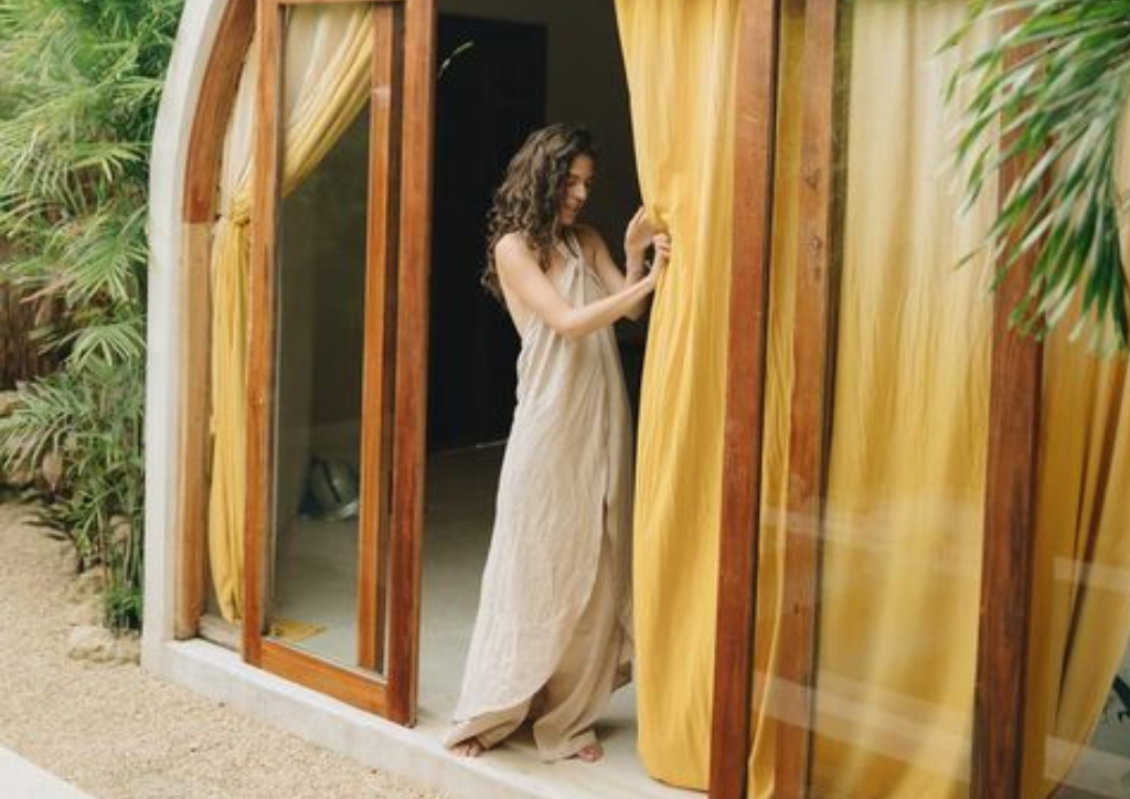 lady in white linen clothes