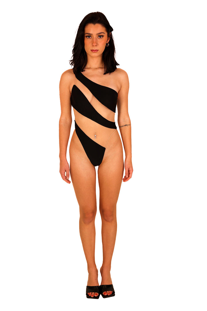 Black High Cut Snake Mesh Monokini Sexy Curve One Shoulder