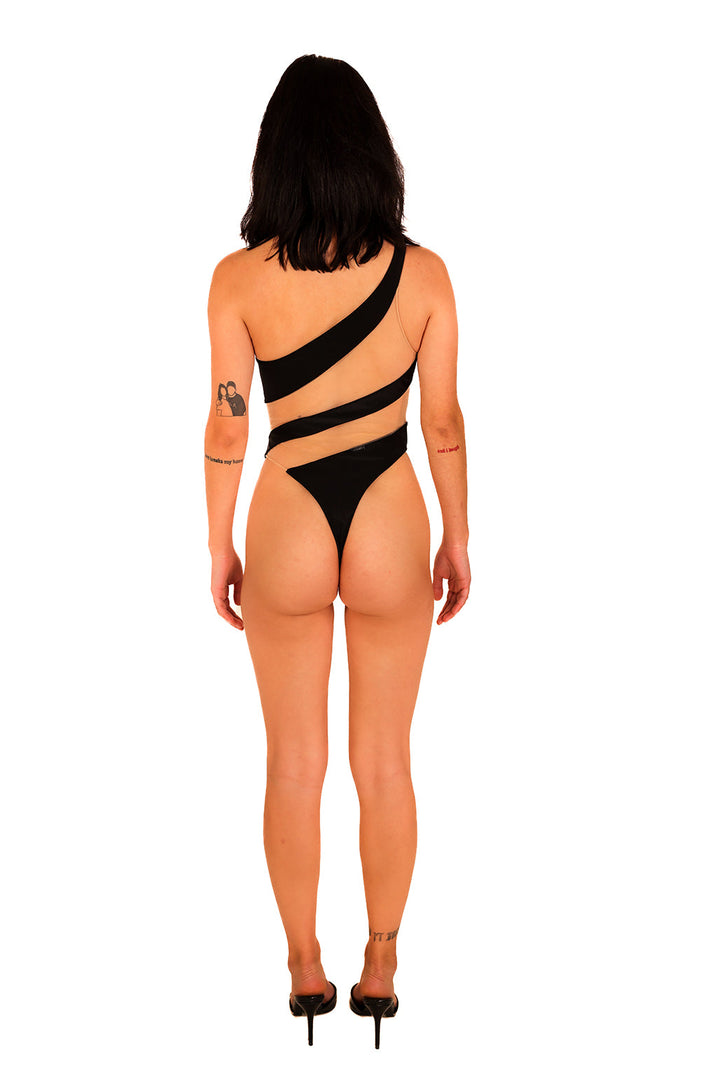 Black Snake Mesh High Cut Monokini Sexy Curve One Shoulder Illusion