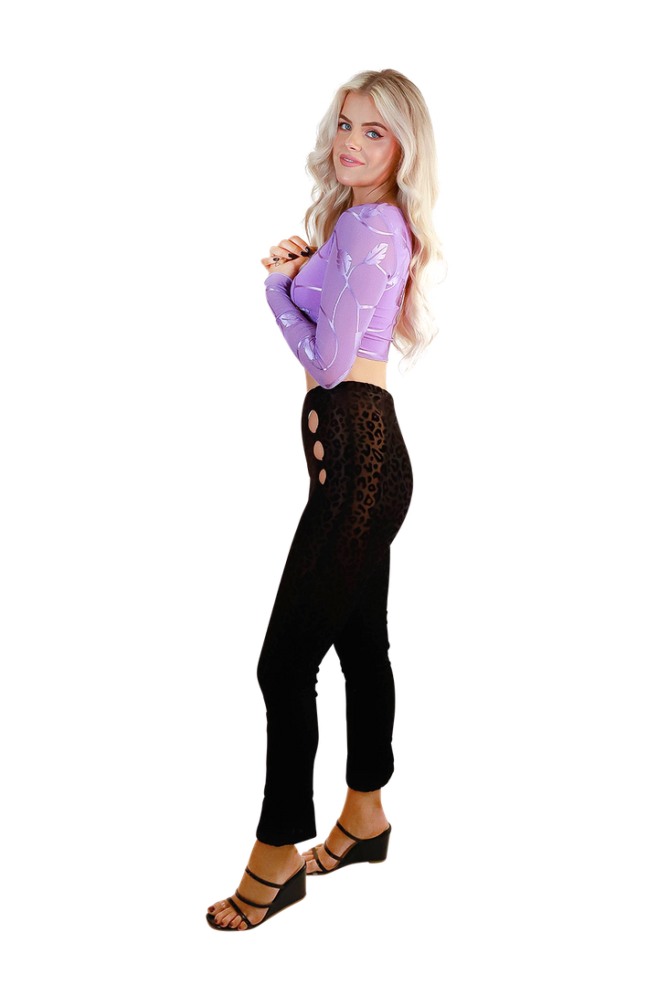 Cute Crop Top with Cross V Neck Mesh Purple Foliage Extra Long Flare Sleeve