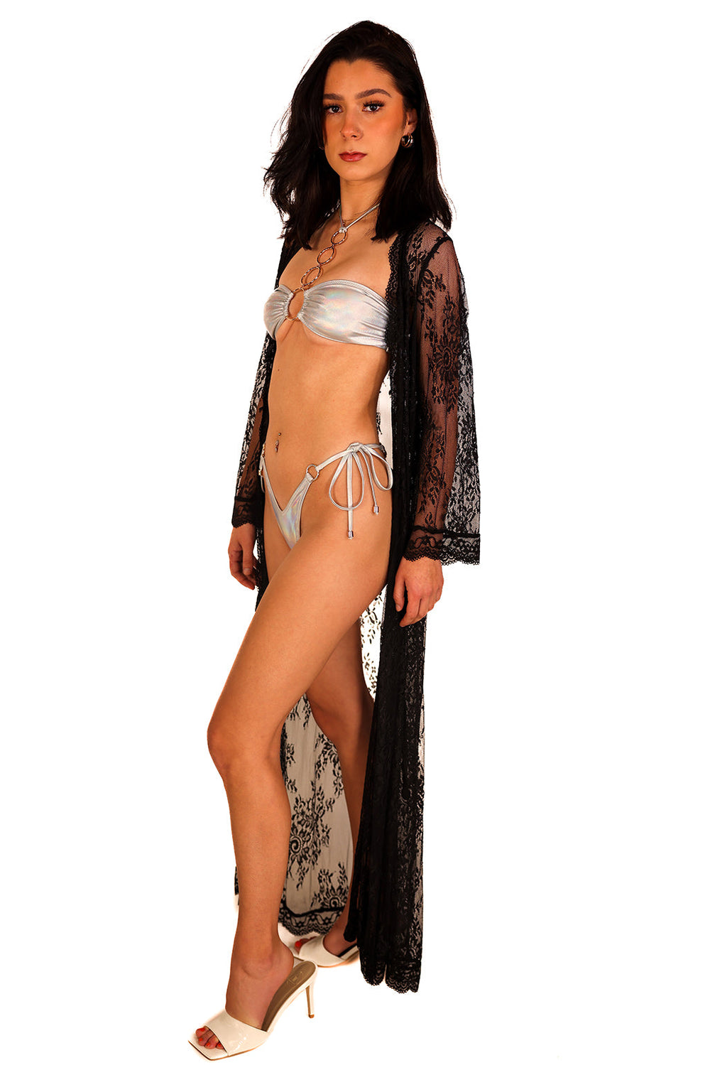 Floral Lace Scalloped Kimono Long Sleeves Waist Tie Flowy
