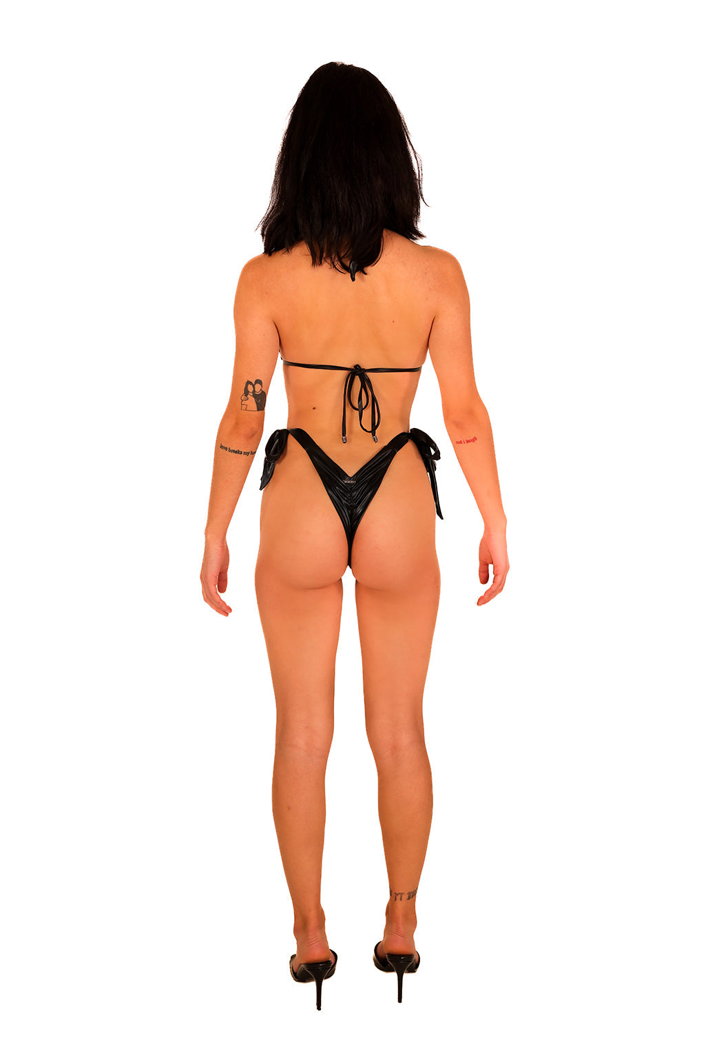 Glimmer Rhinestone O-Rings with Luxe Metallic Black Unique Triangle Halter Self Tie Bikini Top