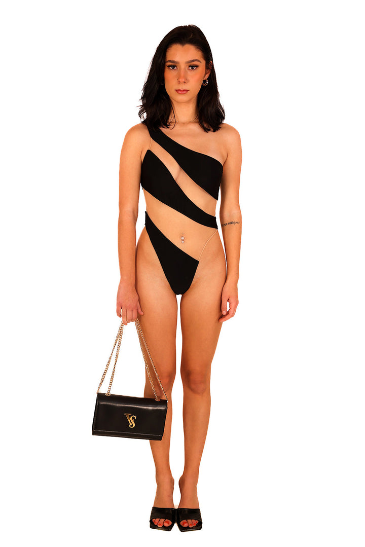 High Cut Black Monokini One Shoulder Snake Mesh Sexy Curve Illusion