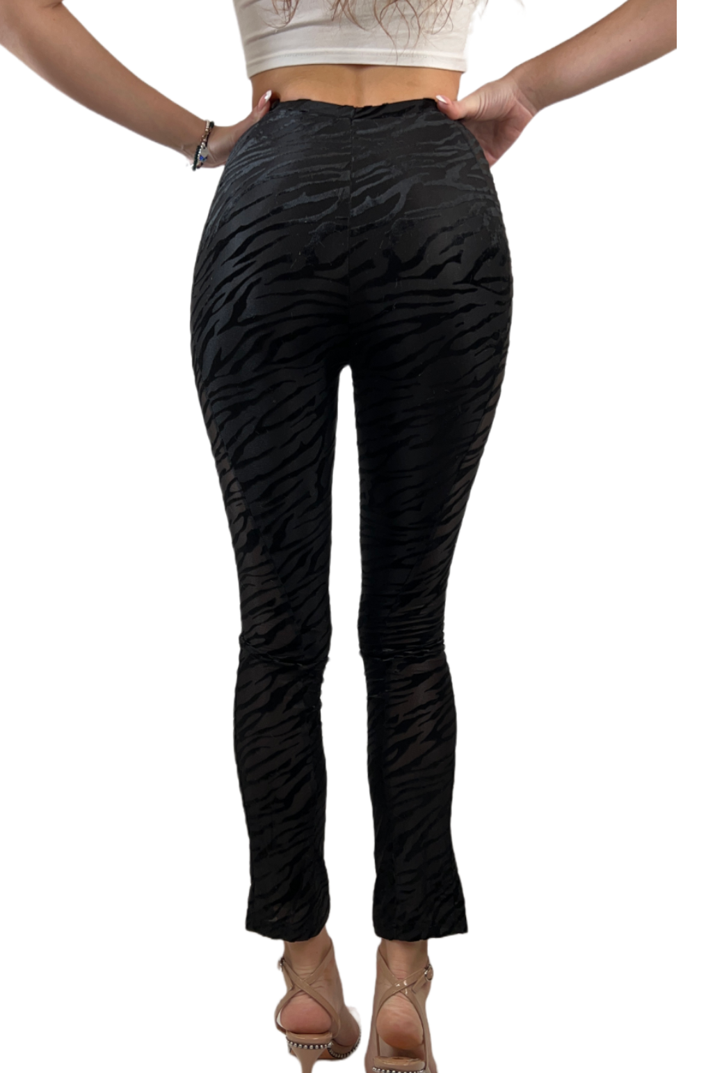 High Waist Black Zebra Print Mesh Skinny Cutout Curvy See-Through Panel Long Pants with Flattering V-Front and V-Back