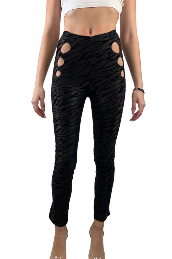 High Waist Black Zebra Print Mesh Skinny Cutout Curvy See-Through Panel Long Pants with Flattering V-Front and V-Back Hot