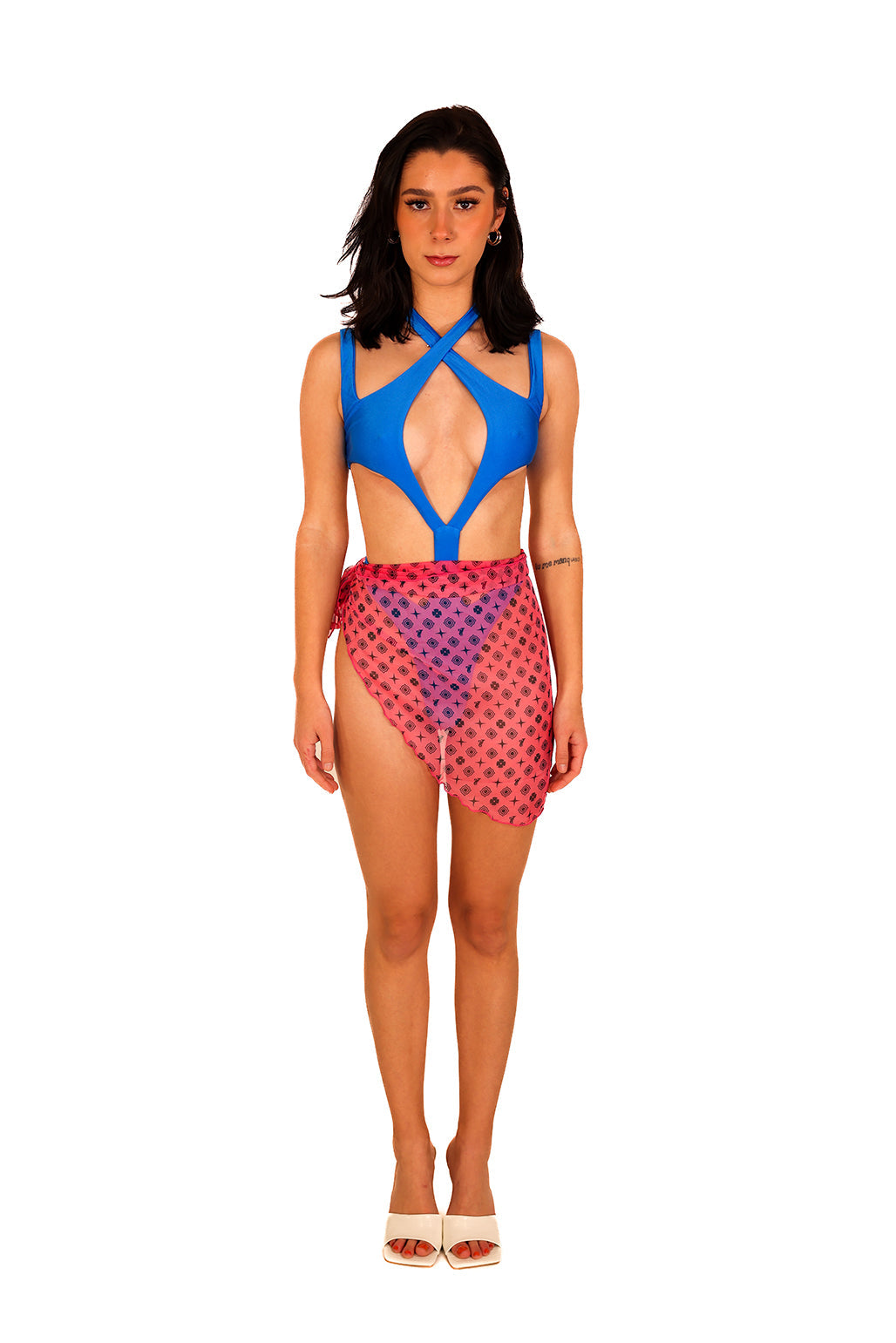 Minimal Blue One Piece Cutouts Cross Halter Swimwear