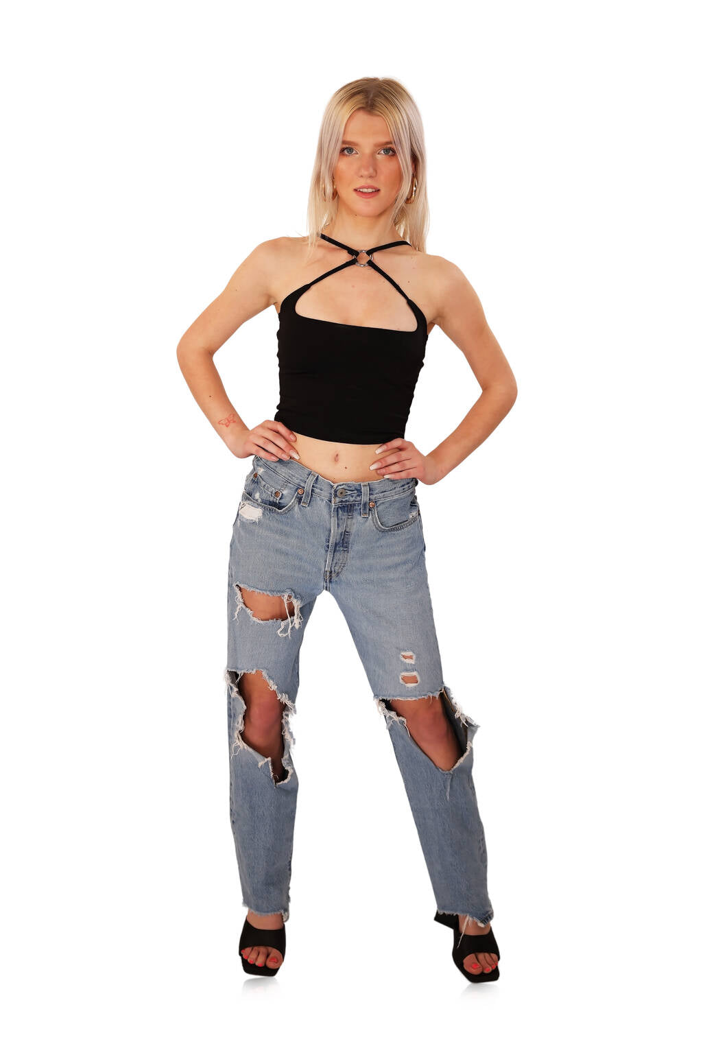 O-Ring Feature Black Cute Cross-Halter Crop Top