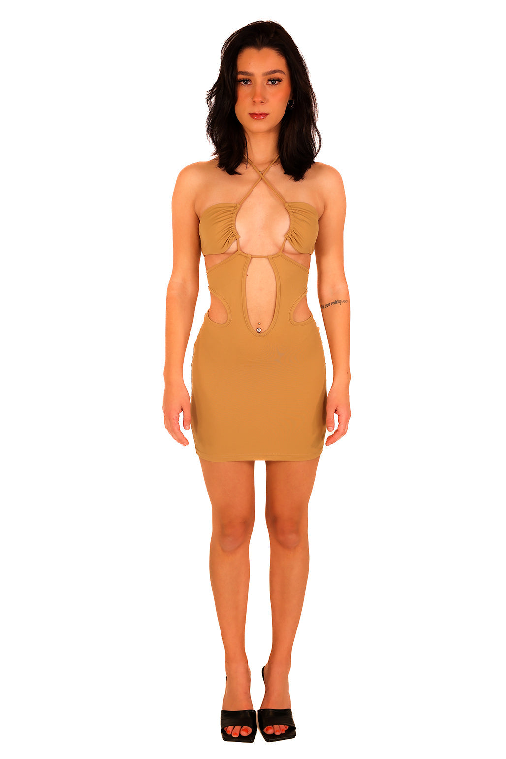 Ruched Tan Unique Cutout Bodycon Mini Dress with Self Tie Cross Halter