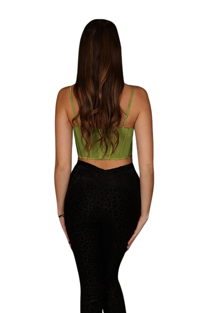 Elegant green satin bustier crop top featuring a v-cut corset and front cutout with sheer bodice