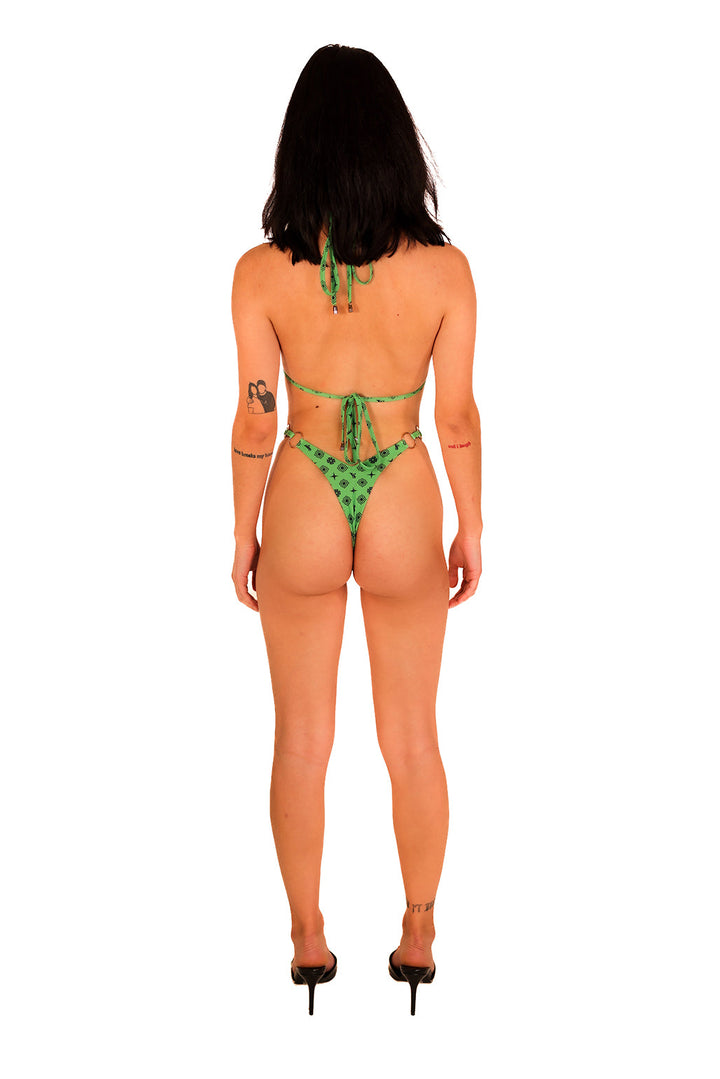 Sexy Green Black Signature Vasaro Print Halter Triangle Cross Wrap Bikini Set High Cut Thong O Rings.