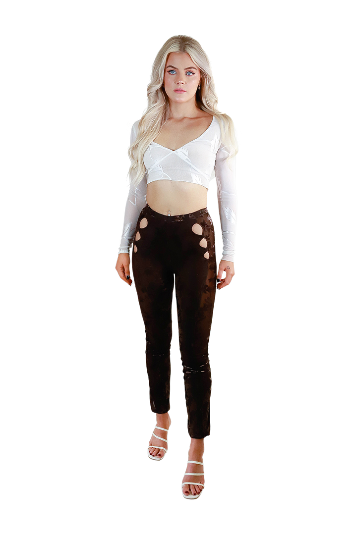 Skinny Tapered Brown High Waist Mesh Curve Panels Sexy V-Front V-Back Bottoms with Trendy Cutouts