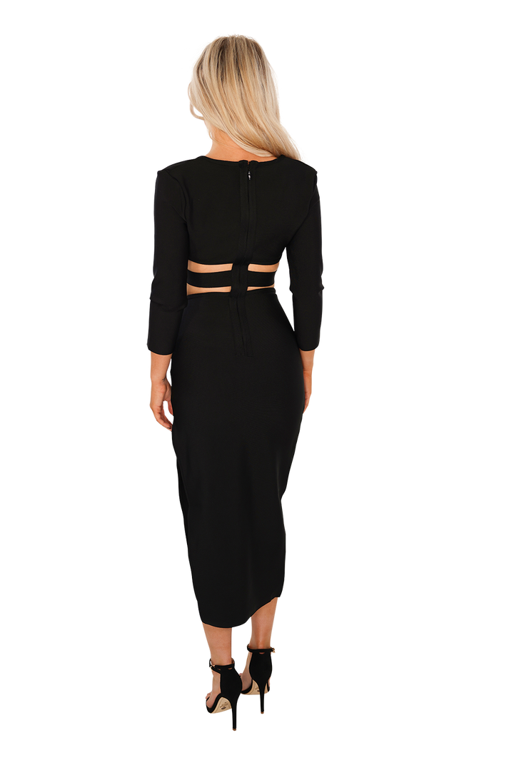 Sophisticated black cutout midi dress with bust detail
