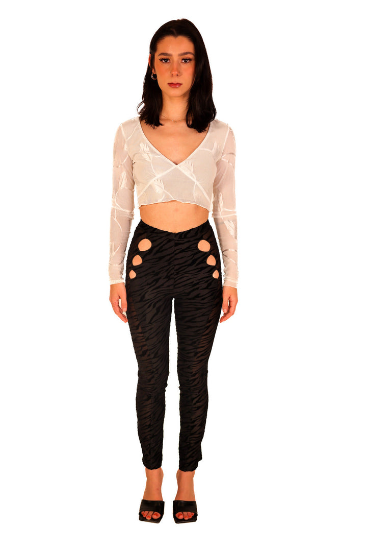 High Waist Black Zebra Print Mesh Skinny Cutout Curvy See-Through Panel Long Pants