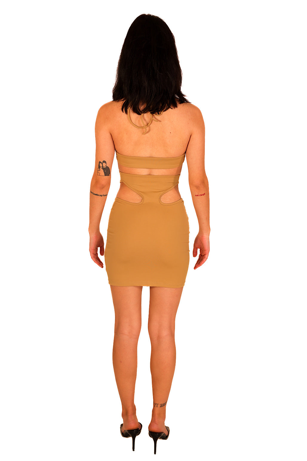 Unique Cutout Ruched Mini Dress with Self Tie Cross Halter in Tan Bodycon