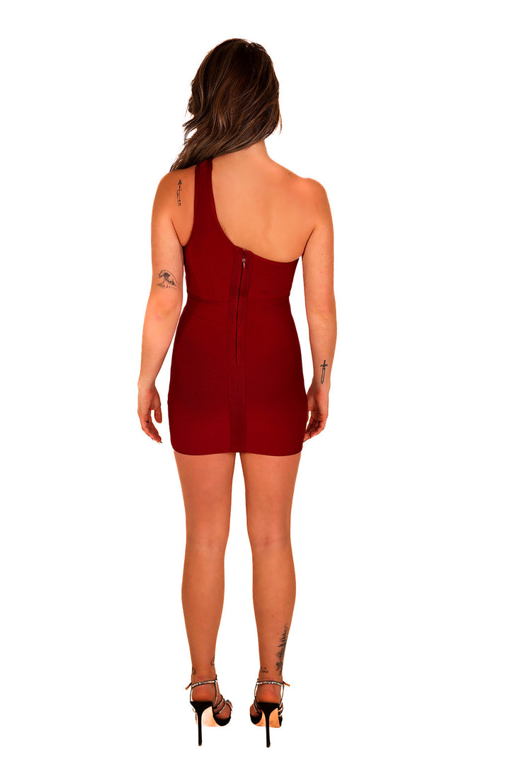 one shoulder chic bodycon mini dress rhubarb