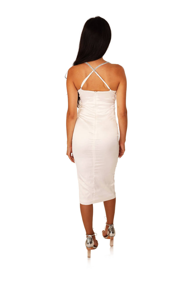 white bodycon bustier midi dress with rhinestone sparkles cutouts and ruching