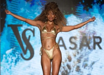 Glamorous Gold Stunning Model in Metallic Wraparound Strap Bikini on Vasaro Runway at Miami Swim Week 2023