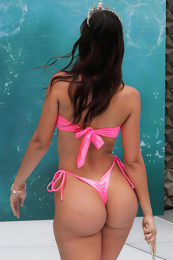 Pink Satin Ultra High Cut Tie Straps & Deep-V Back Bikini Bottoms