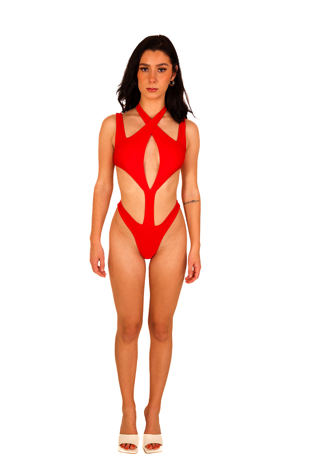 Red High Cut Thong One Piece Swimsuit Cross Halter