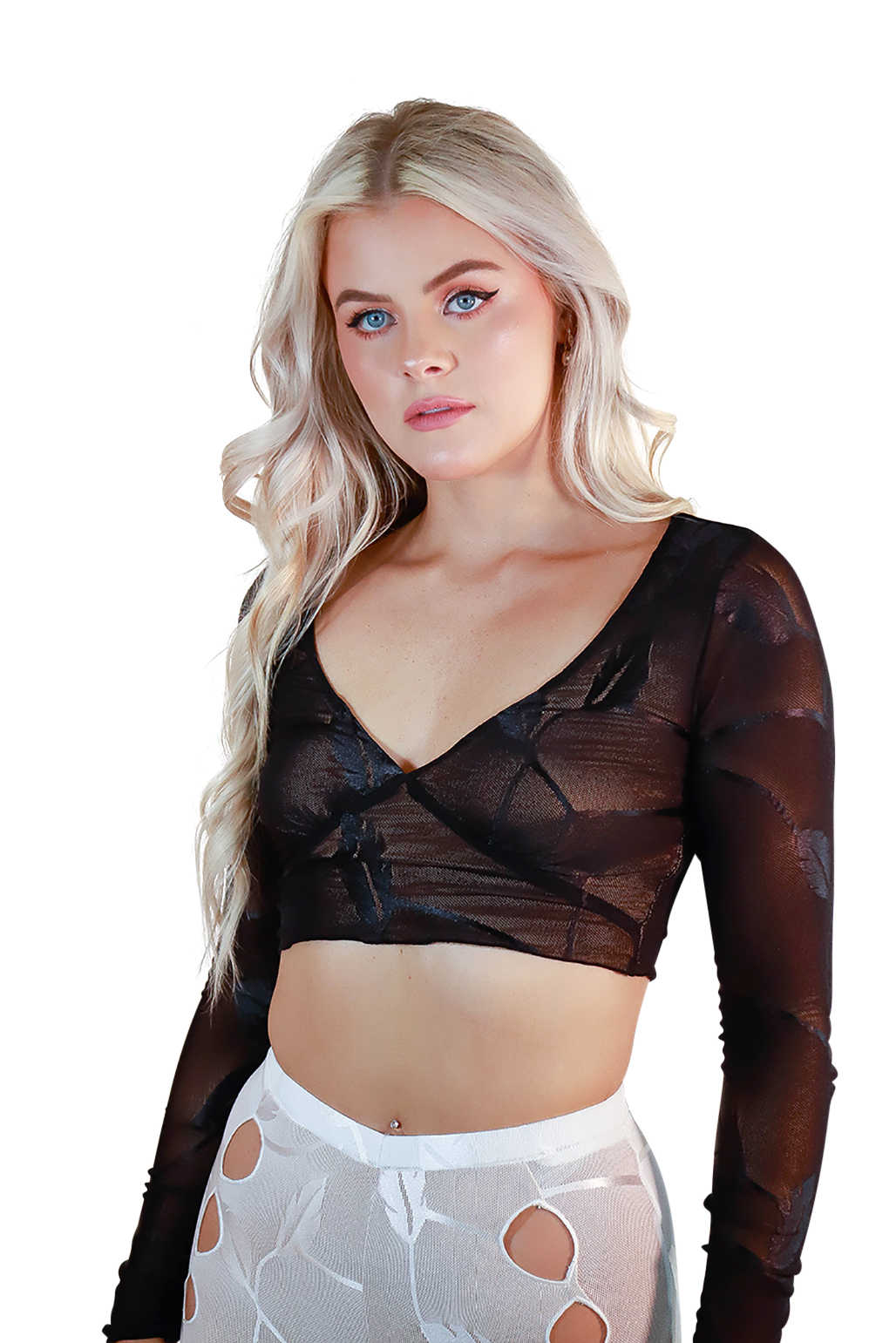 Cross Neck Crop Top with Extra Long Flare Sleeves Cute Black Floral Mesh