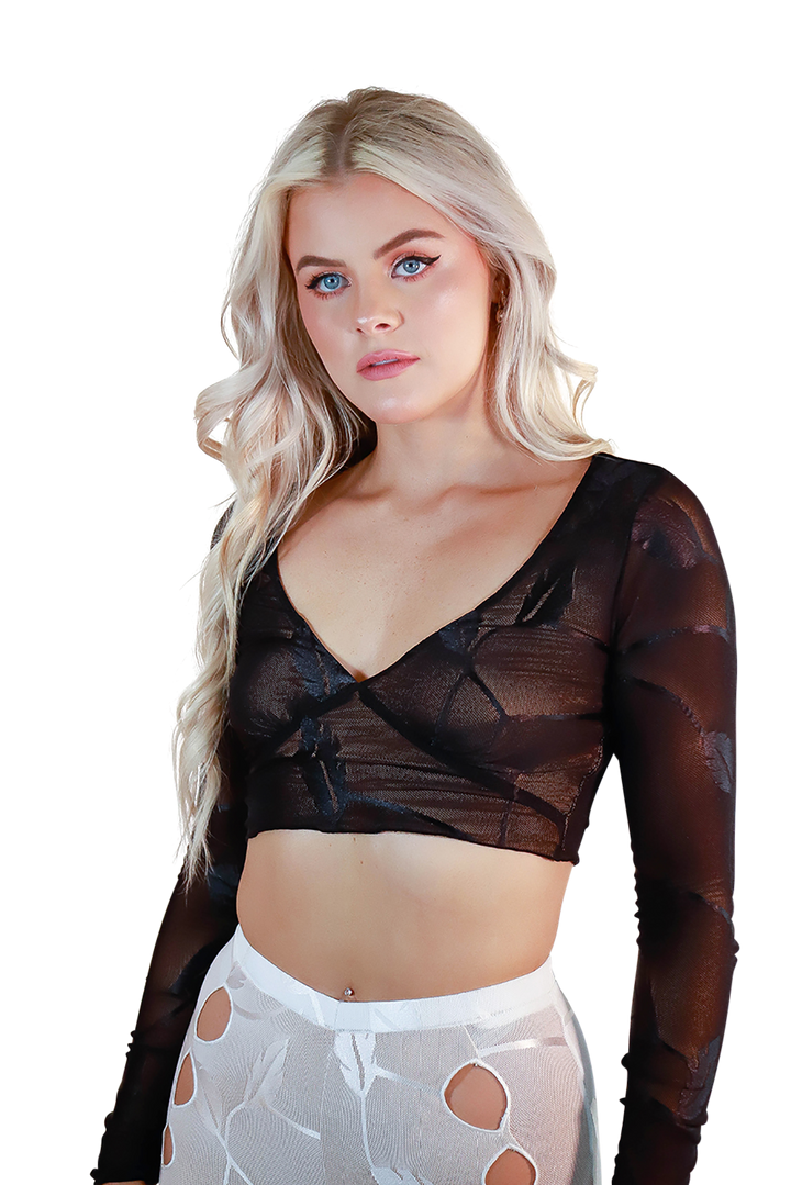 Cross Neck Crop Top with Extra Long Flare Sleeves Cute Black Floral Mesh