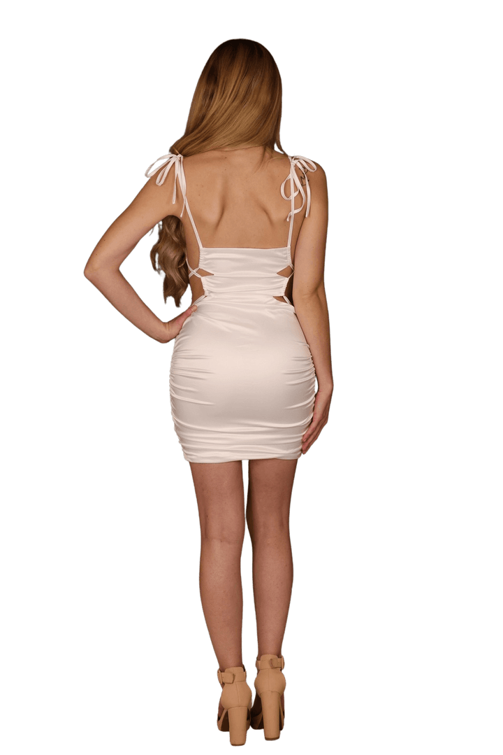 Elegant Creamy White Satin Bodycon Mini Dress with Cutouts & Bow-Tie Straps