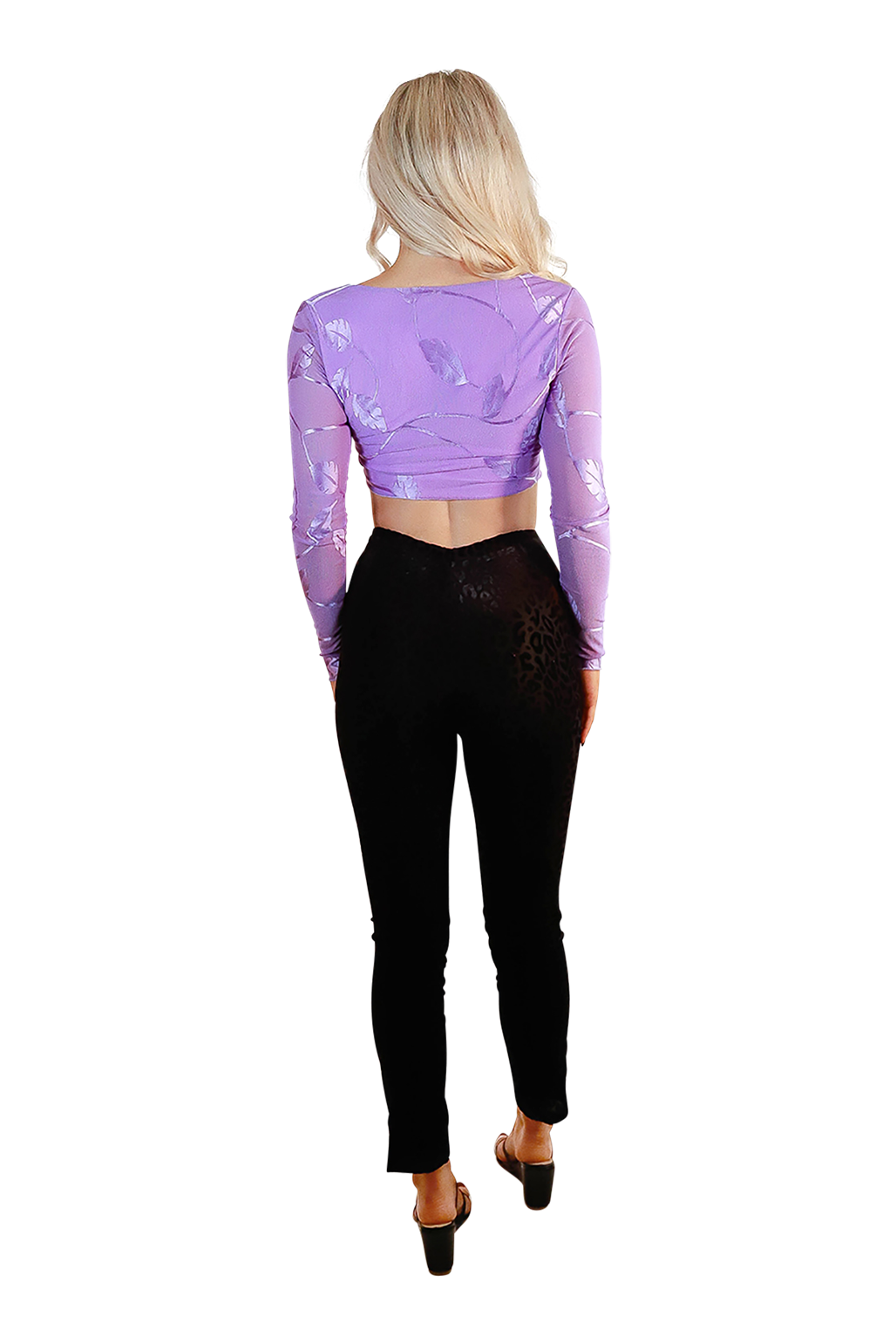 Extra Long Flare Sleeve Cute Crop Top with Cross V-Neck Mesh Purple Foliage 