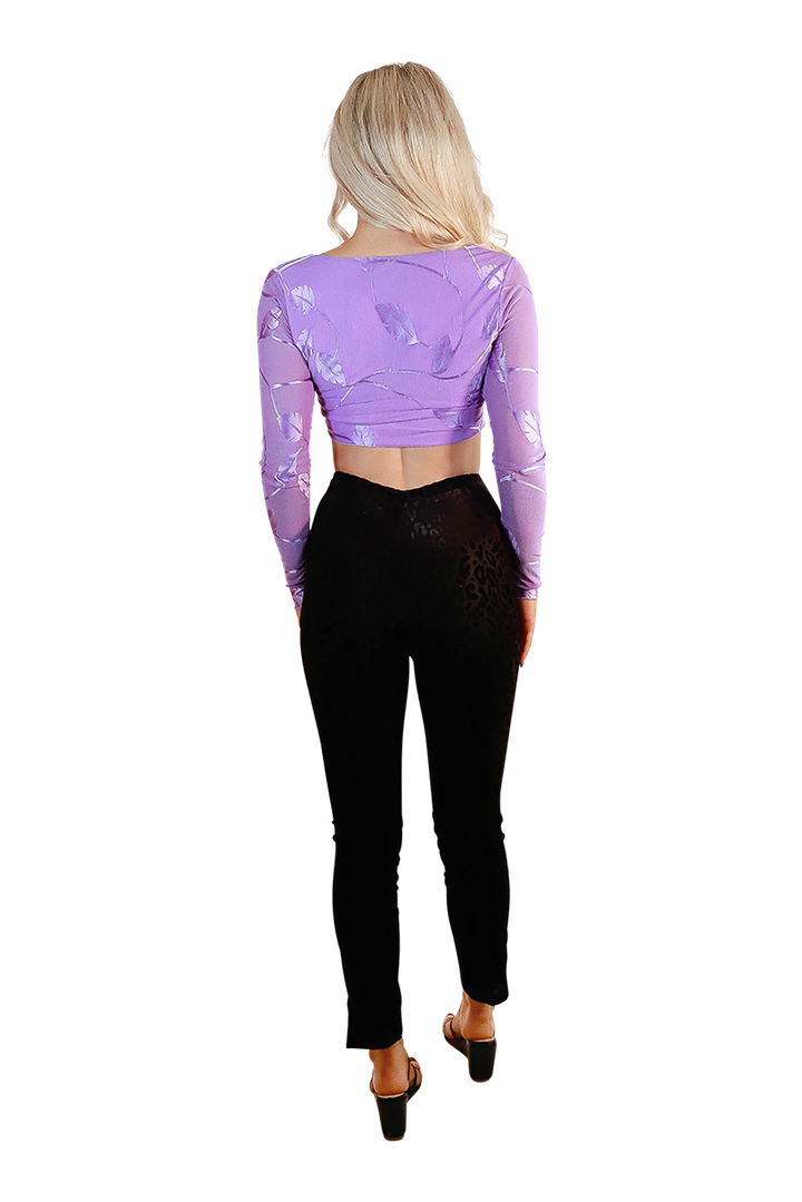 Extra Long Flare Sleeve Cute Crop Top with Cross V-Neck Mesh Purple Foliage 
