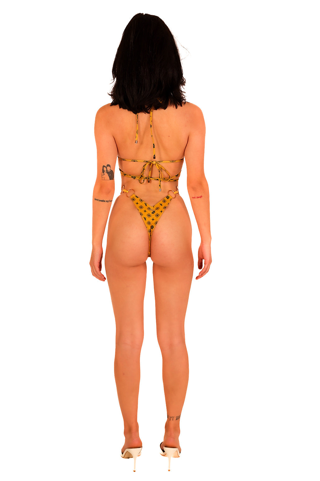 Gold Triangle Halter Bikini Top Luxe Black Monogram Cute O Rings Slimming Cross Body Ties Irresistible