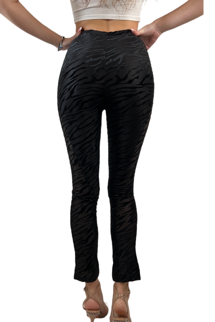 High Waist Black Zebra Print Mesh Skinny Cutout Curvy See-Through Panel Long Pants with Flattering V-Front and V-Back