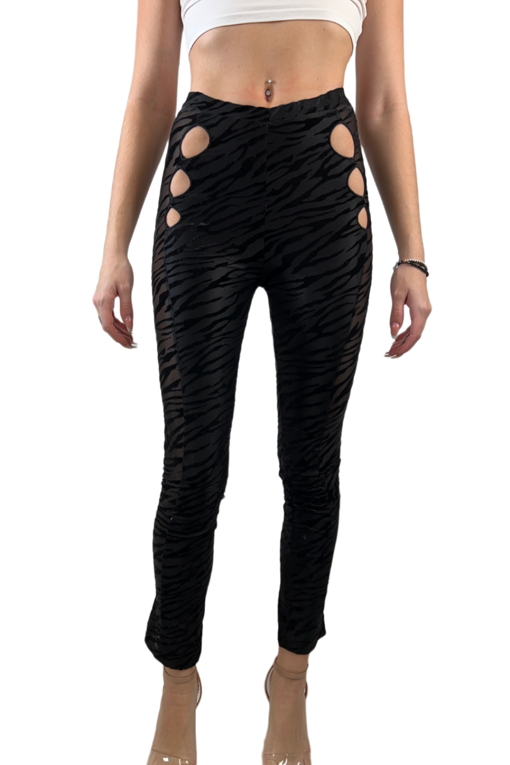 High Waist Black Zebra Print Mesh Skinny Cutout Curvy See-Through Panel Long Pants with Flattering V-Front and V-Back Hot