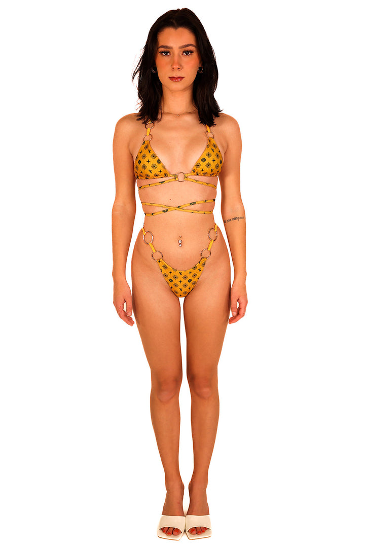 Irresistible Gold Triangle Halter Bikini Top Luxe Black Monogram Cute O Rings Slimming Cross Body Ties