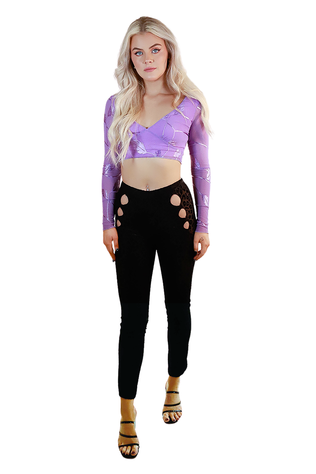 Mesh Purple Foliage Extra Long Flare Sleeve Cute Crop Top with Cross V-Neck