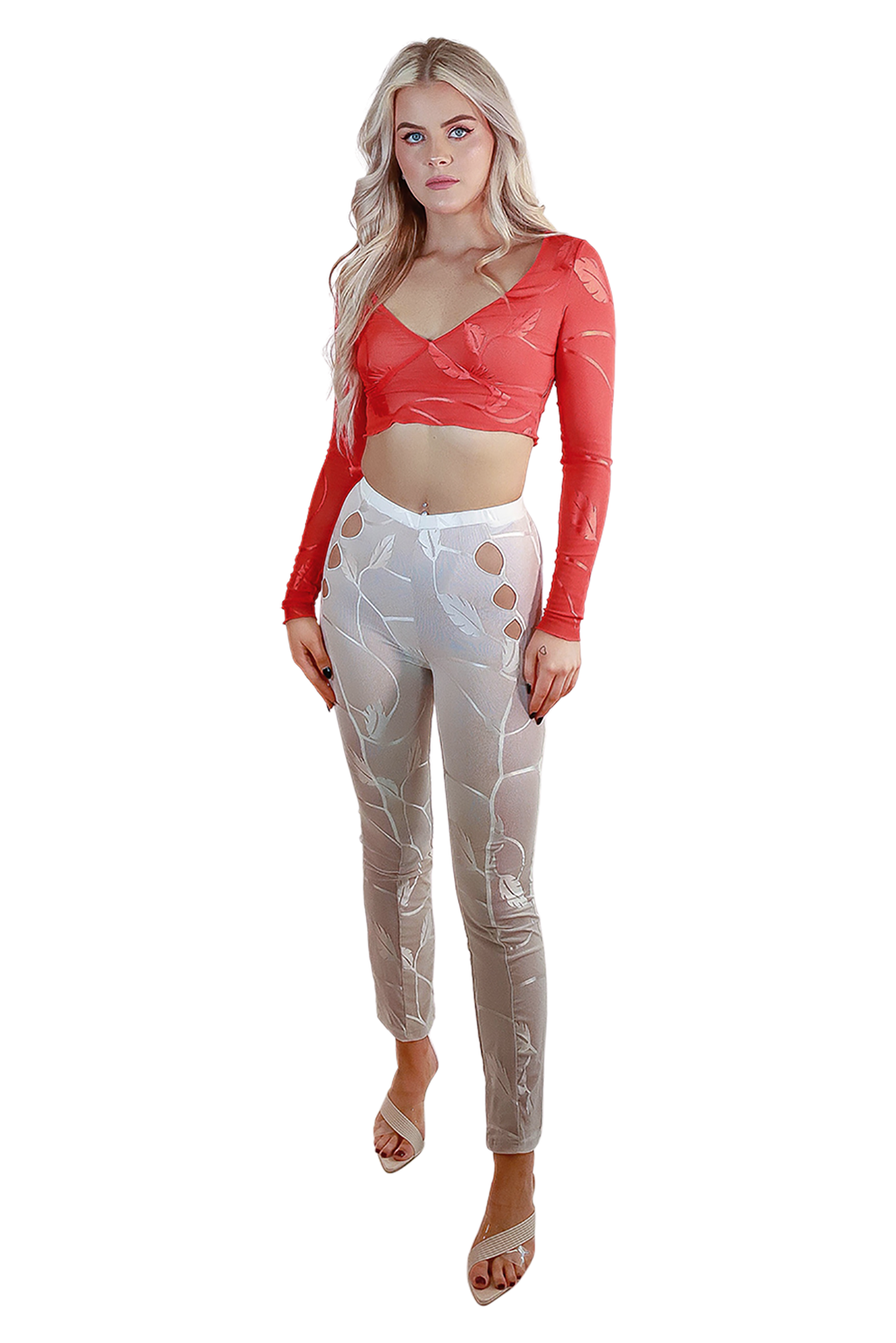 Mesh Red Foliage Hot Extra Long-Sleeve Flare V-Neck Flattering Floral Crop
