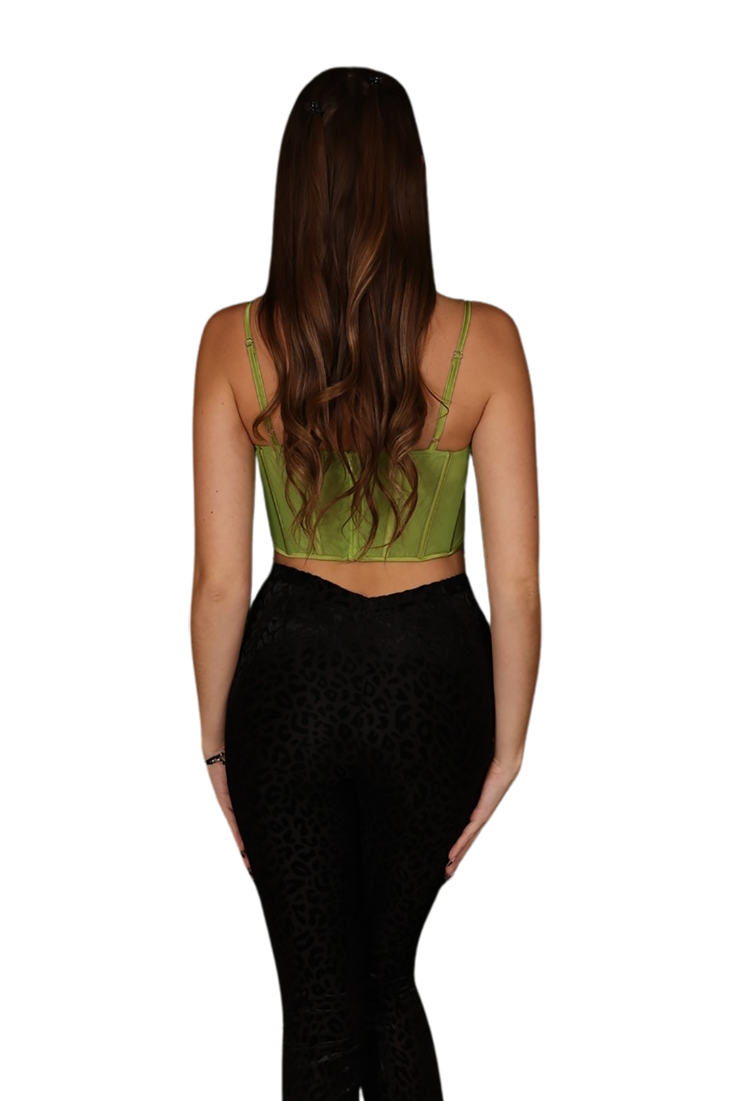Elegant green satin bustier crop top featuring a v-cut corset and front cutout with sheer bodice