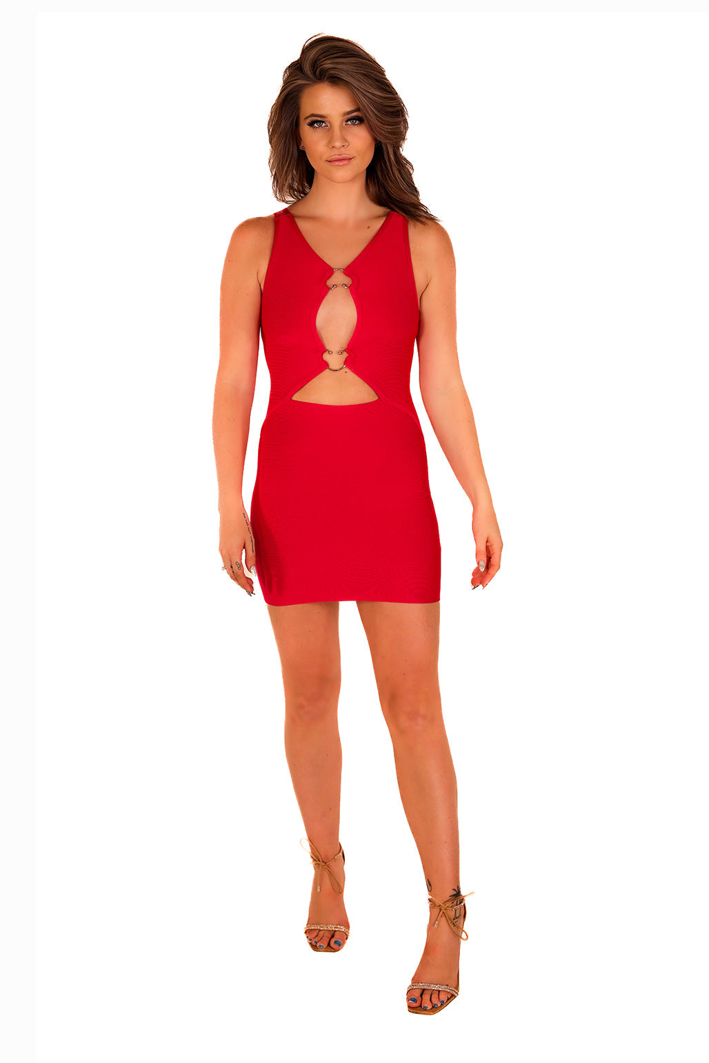 Sexy Red Bodycon Smoothing High Neck Mini Dress with Trending Cutouts and Silver Heart O-Rings