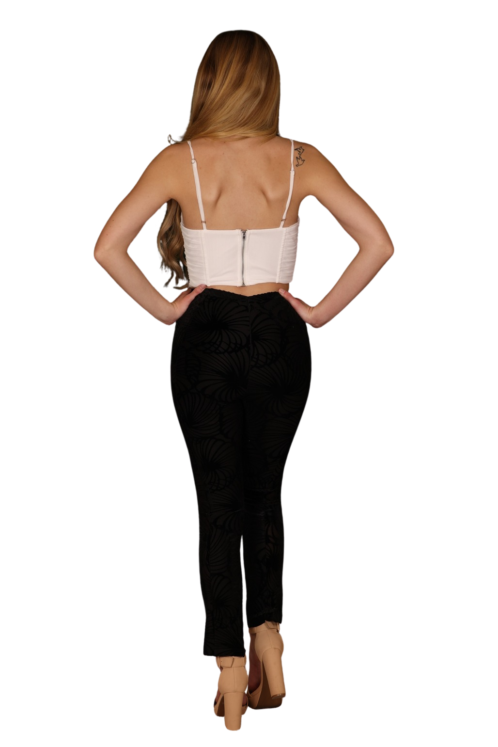 Slimming Front V-Cut and V-Back and Mesh Black Floral High Waist Skinny Curve Side Panel Pants with Cutouts