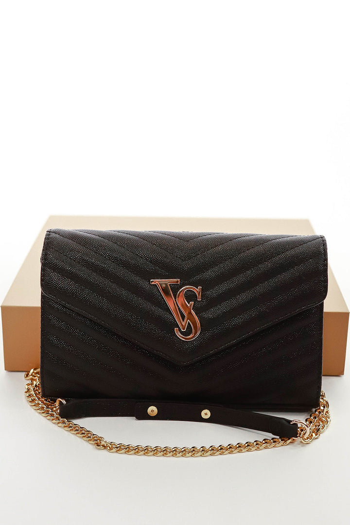 Staple Gold Chain Luxury Black Textured Envelope Bag Signature Vasaro Icon.