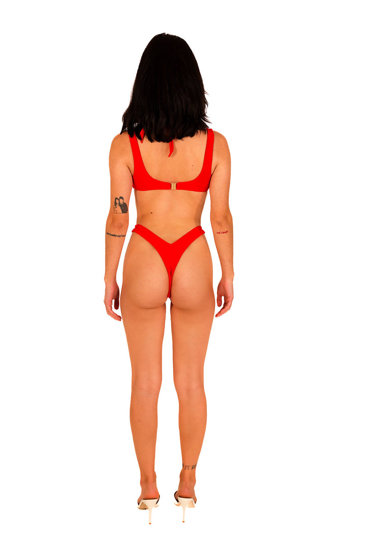 Trendy Cross Halter Red High Cut Thong One Piece Swimsuit.