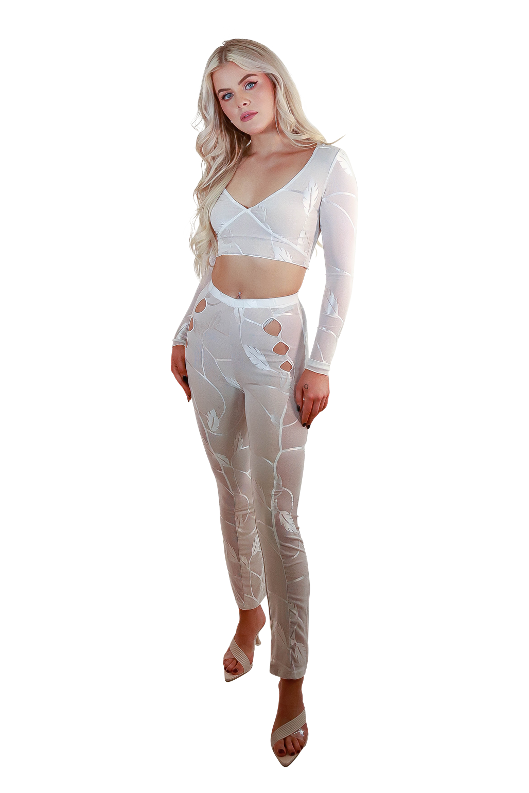 White Foliage Sexy Tapered Skinny Mesh High Waist V-Front V-Back Long Pants with Curve Illusion and Cutouts