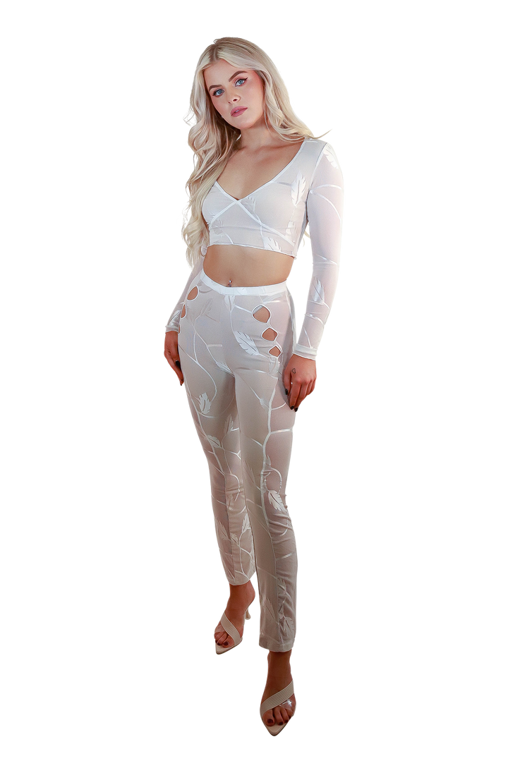 White Foliage Sexy Tapered Skinny Mesh High Waist V-Front V-Back Long Pants with Curve Illusion and Cutouts