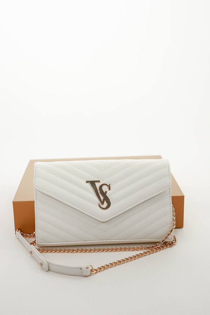 White Textured Gold Chain Envelope Bag with Magnetic Closing Front Flap