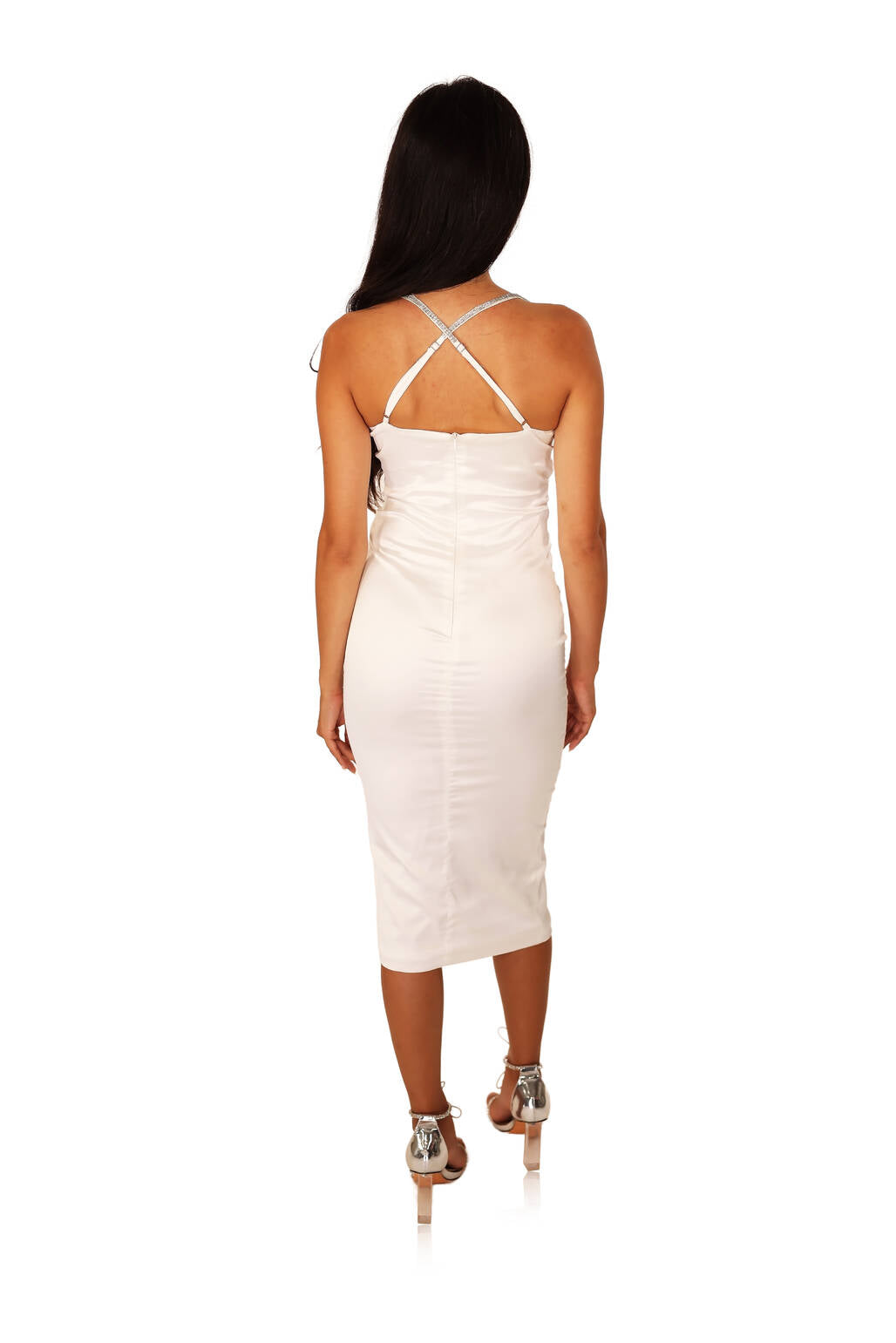 Hot White Bandage Midi Dress: Rhinestone Cutout Back Ruching Creamy White / L Hot White Bandage Midi Dress: Rhinestone Cutout Back Ruching Creamy White / L